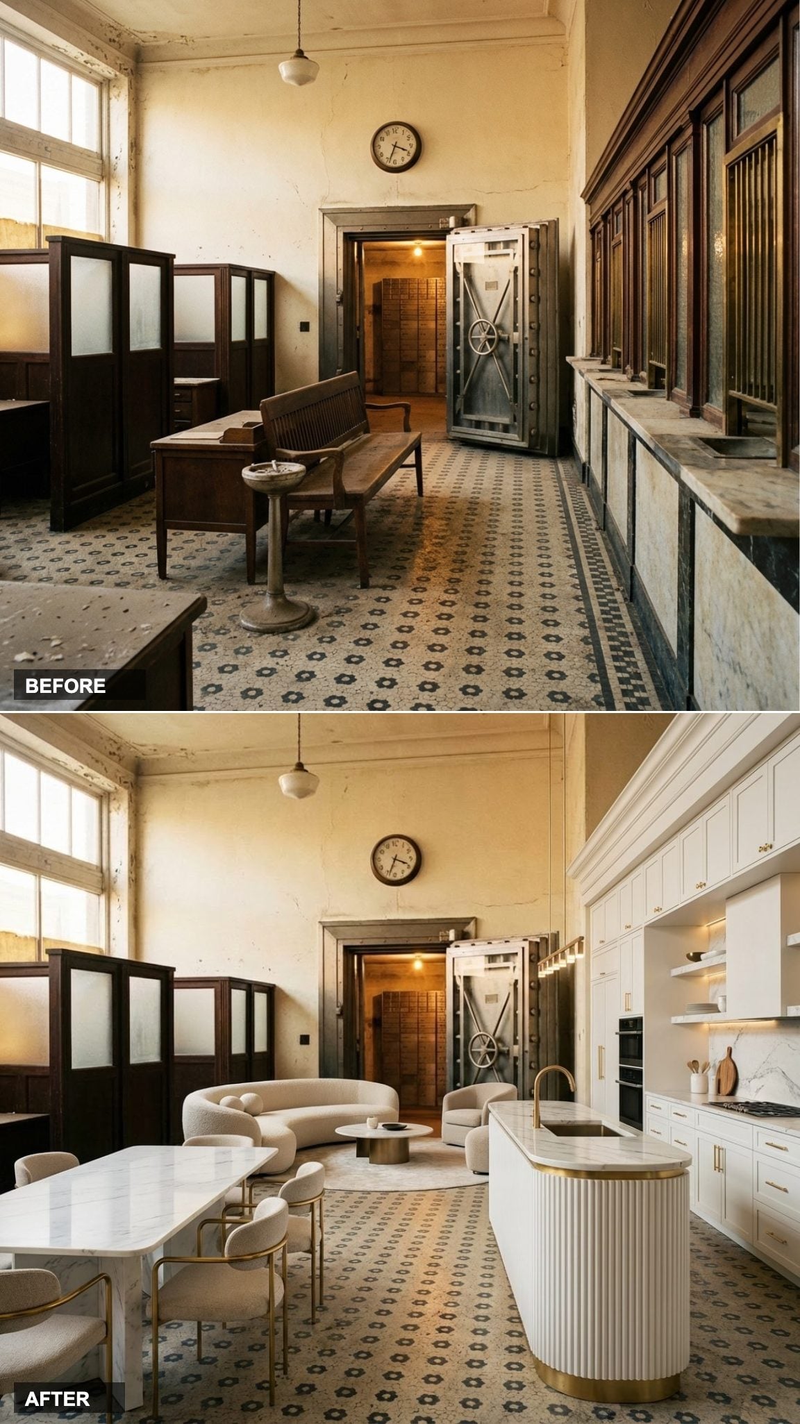 White and Gold With a Fluted Island Turns Teller Windows Into Something Genuinely Glamorous