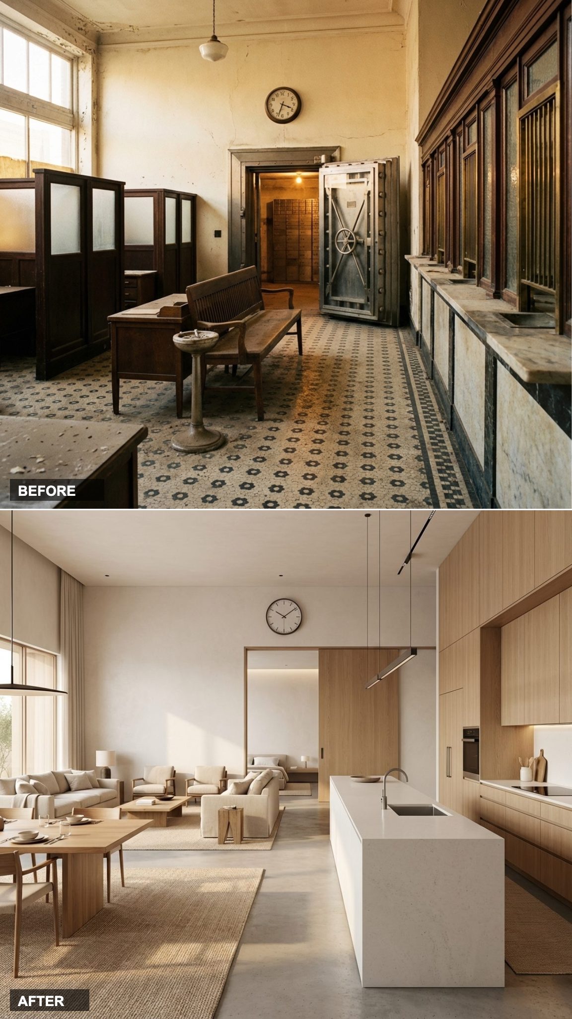 Japandi Minimalism and a Low Dining Table Reframe the Bank's Grandeur as Meditative Space