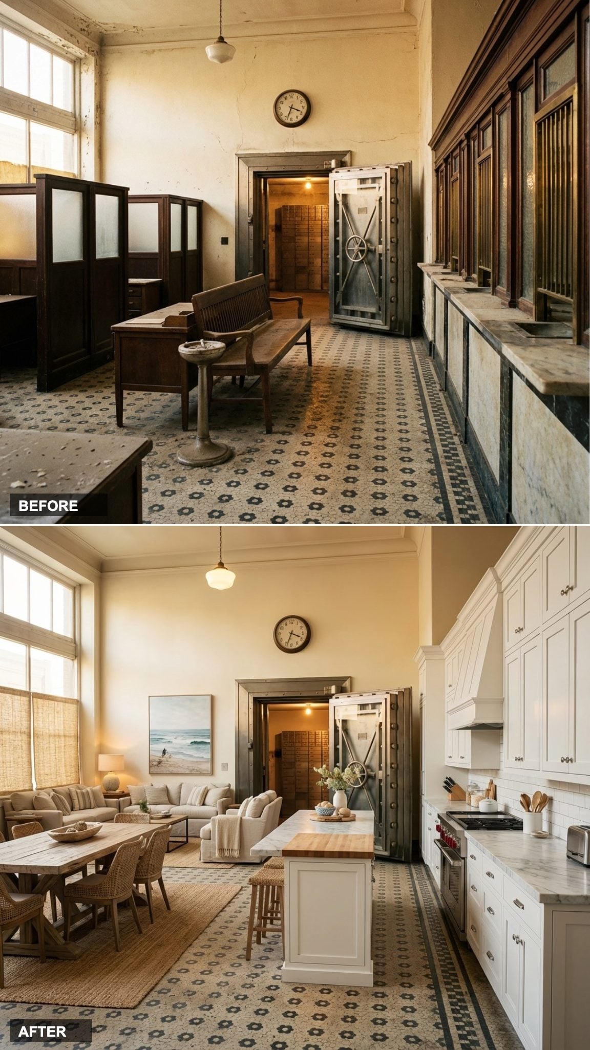 White Shaker Cabinetry and Driftwood Dining Bring Coastal California Ease to a Landlocked Bank Building