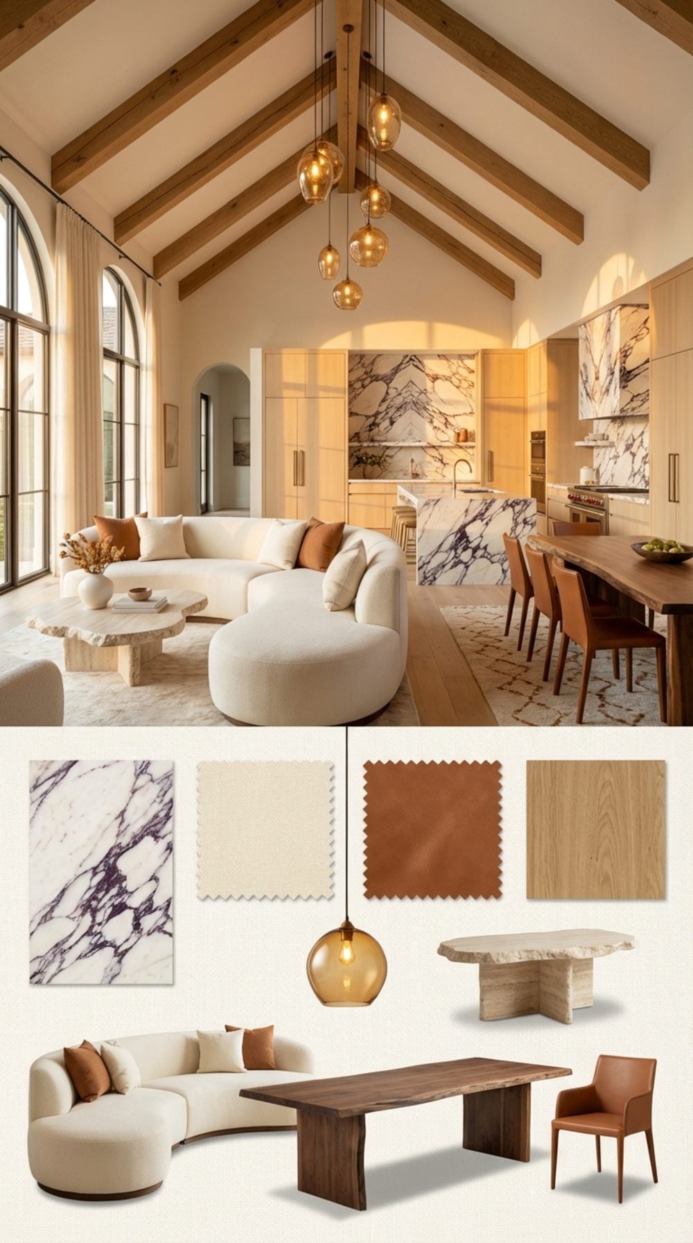 Warm Organic Modern Vaulted Great Room with Calacatta Viola Marble and Amber Glass Pendants