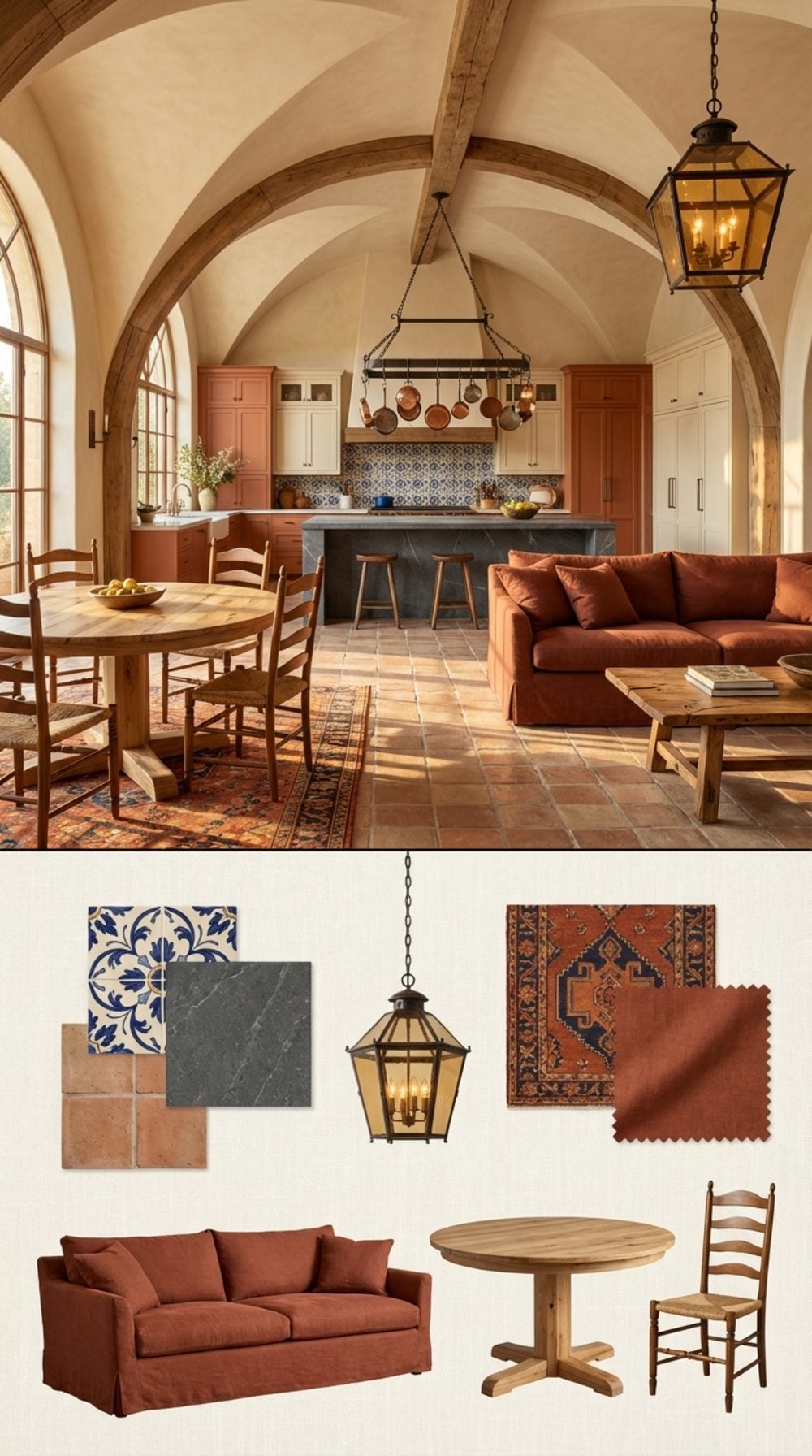 Tuscan Villa Grand Vault Great Room with Majolica Tile, Terracotta Floors and Kilim Rug