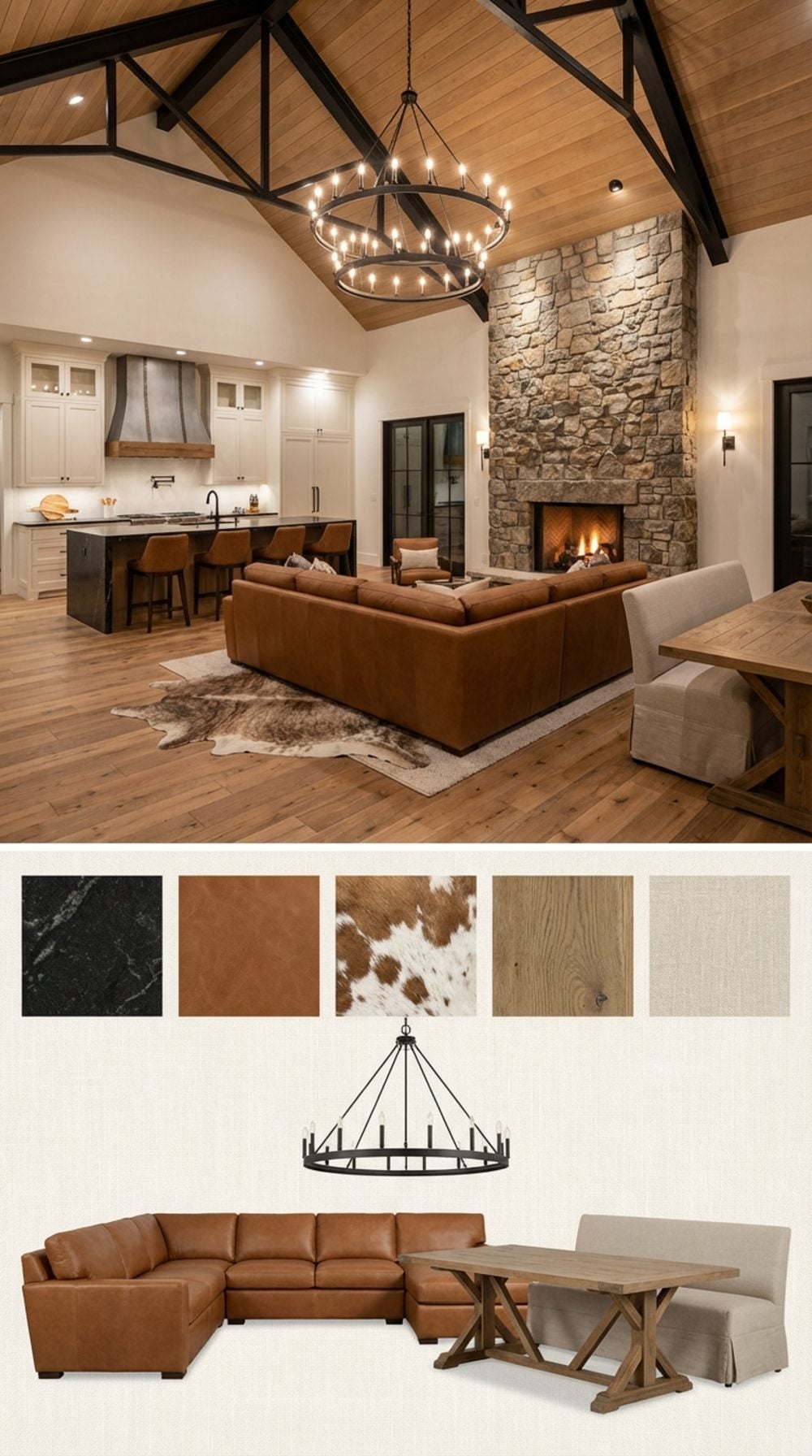 Modern Ranch Grand Vault Great Room with Steel Trusses, Leather Sectional and Stone Fireplace Wall