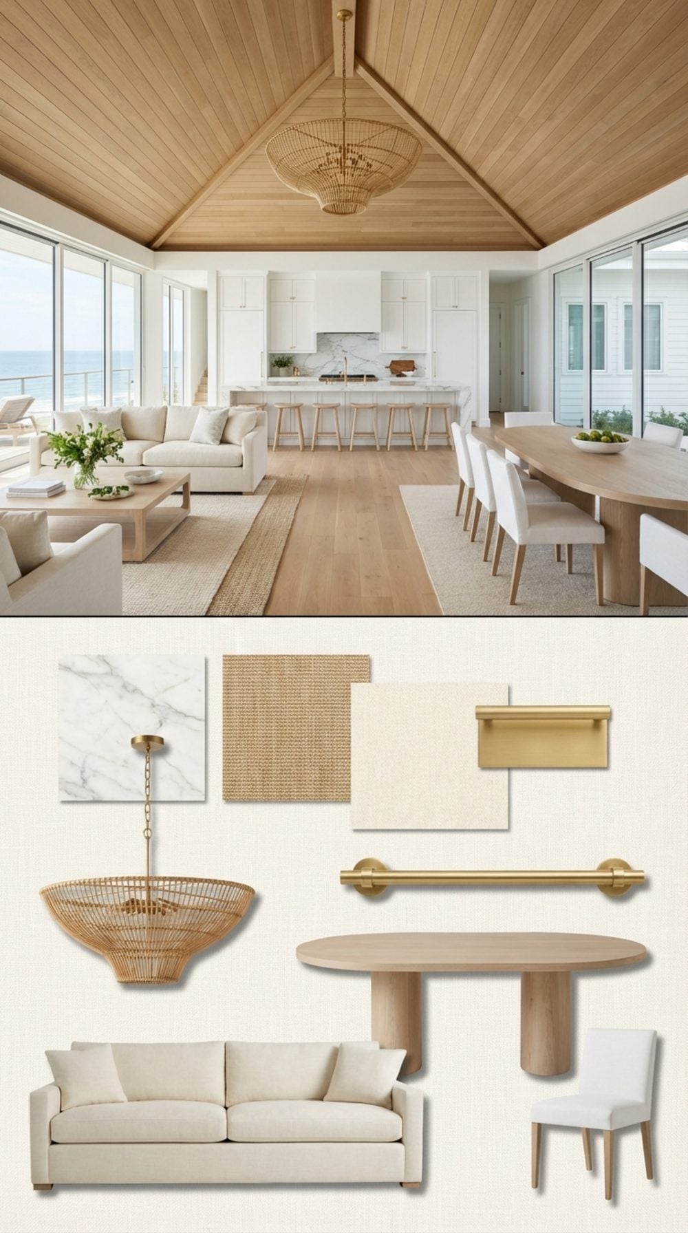 Coastal Grand Luxury Great Room with Tongue-and-Groove Oak Vault and Rattan Brass Chandelier