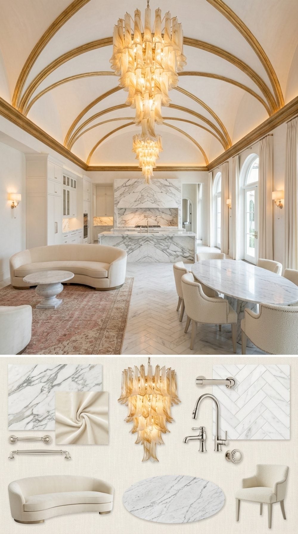 Italian Palazzo Barrel Vault Great Room with Murano Glass Chandelier and Arabescato Marble