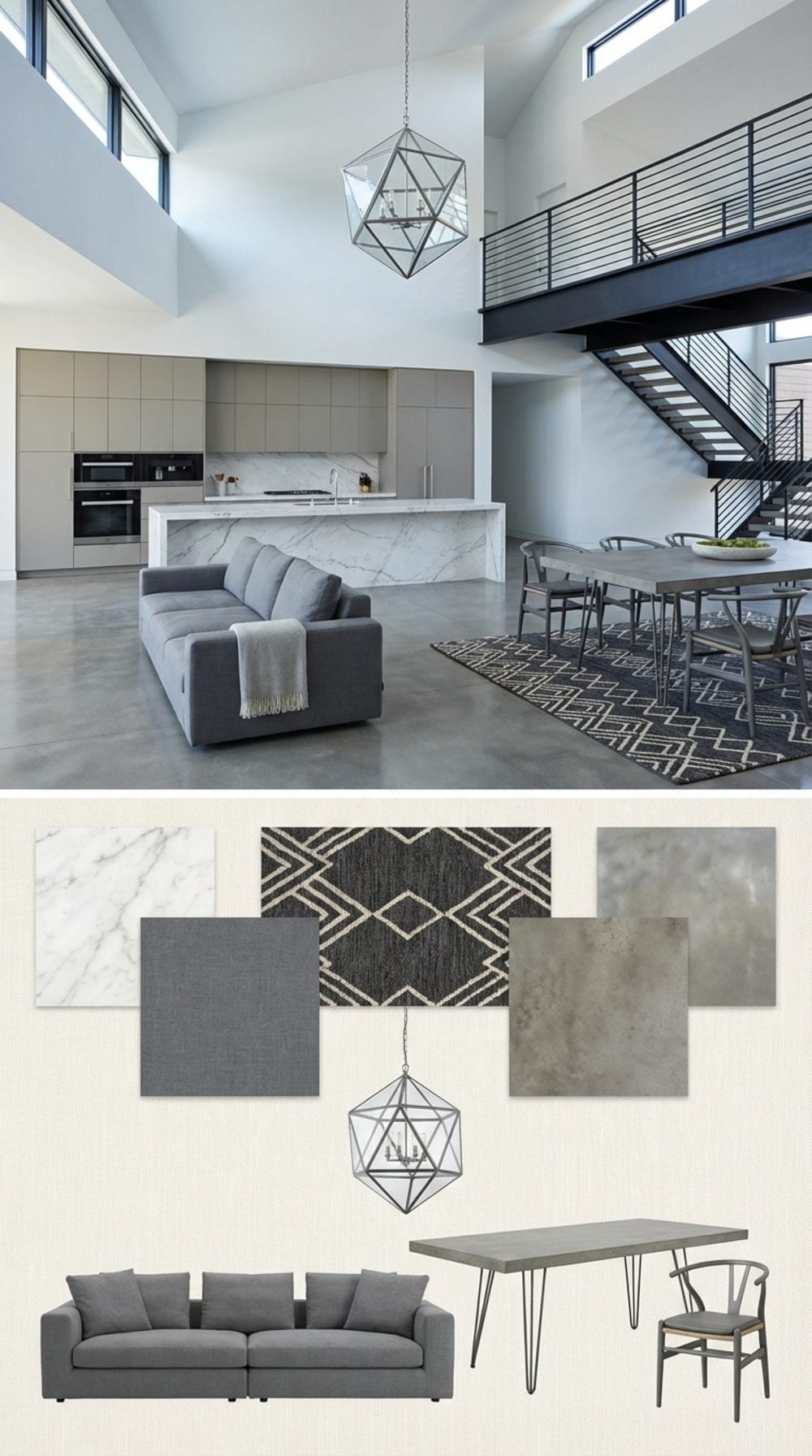 Architectural Modernist Vault Great Room with Floating Mezzanine and Statuario Marble Island