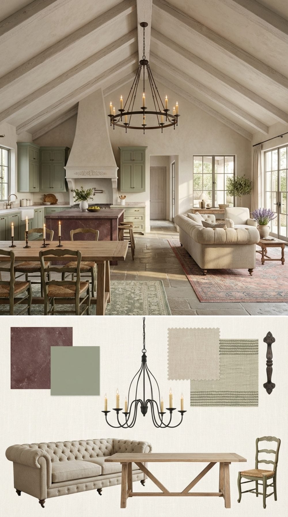 Warm French Provincial Grand Vault Great Room with Sage Cabinets and Wrought Iron Chandelier