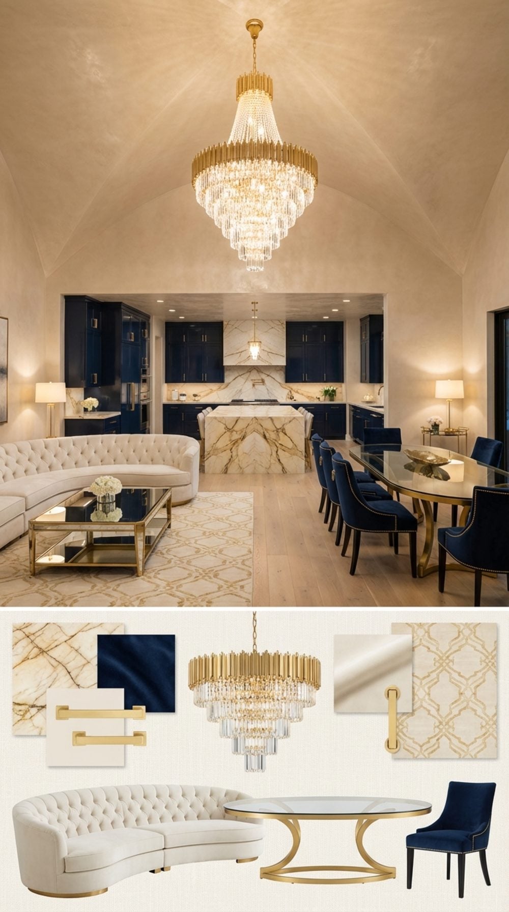 Old Hollywood Glamour Vault Great Room with Navy Lacquer Kitchen and Crystal Chandelier