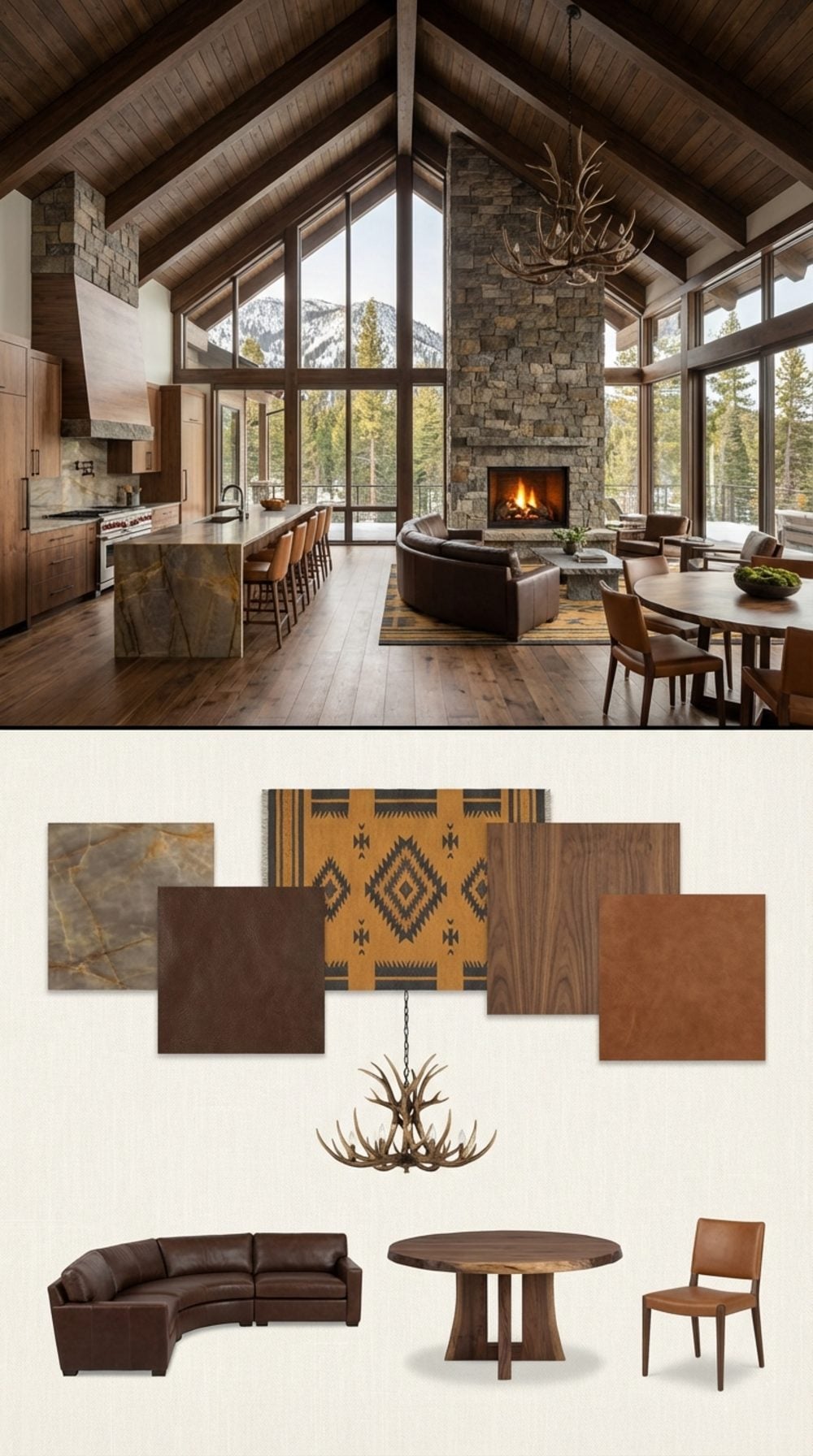 Mountain Modern A-Frame Great Room with Stone Fireplace, Quartzite Island and Antler Chandelier