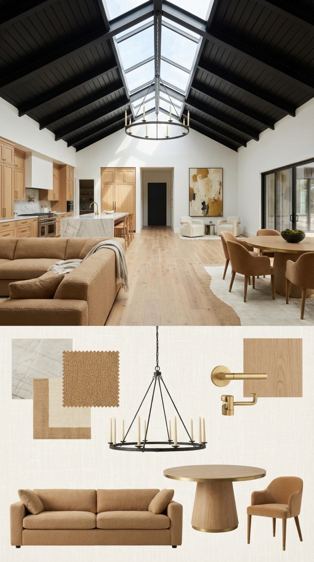 Contemporary Grand Manor Great Room with Camel Bouclé Cloud Sofa and Forged Iron Chandelier