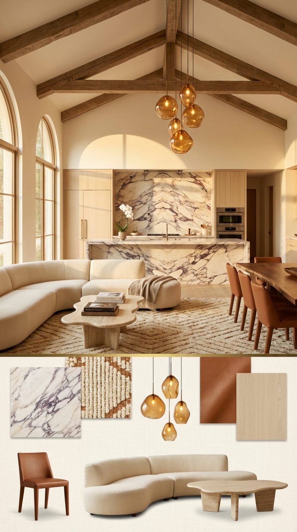 Warm Organic Modern Vault with Calacatta Viola Marble and Amber Glass Pendants