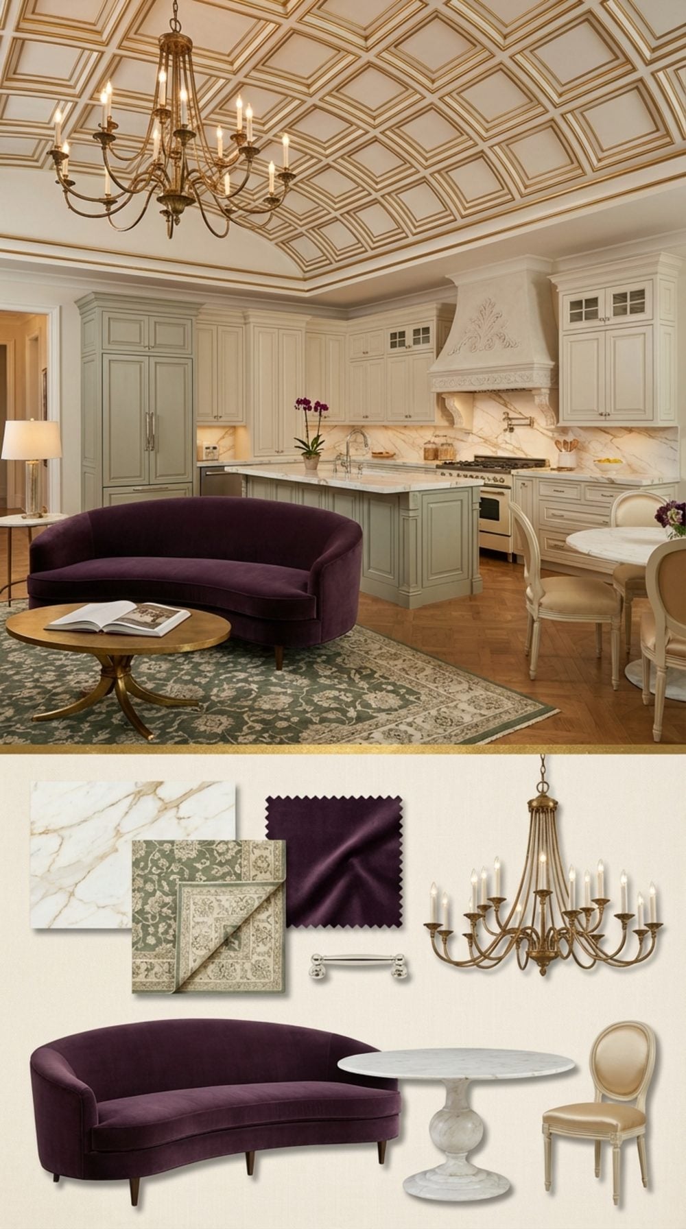 Parisian Grand Luxe Coffered Vault with Savonnerie Rug and Aubergine Velvet Sofa