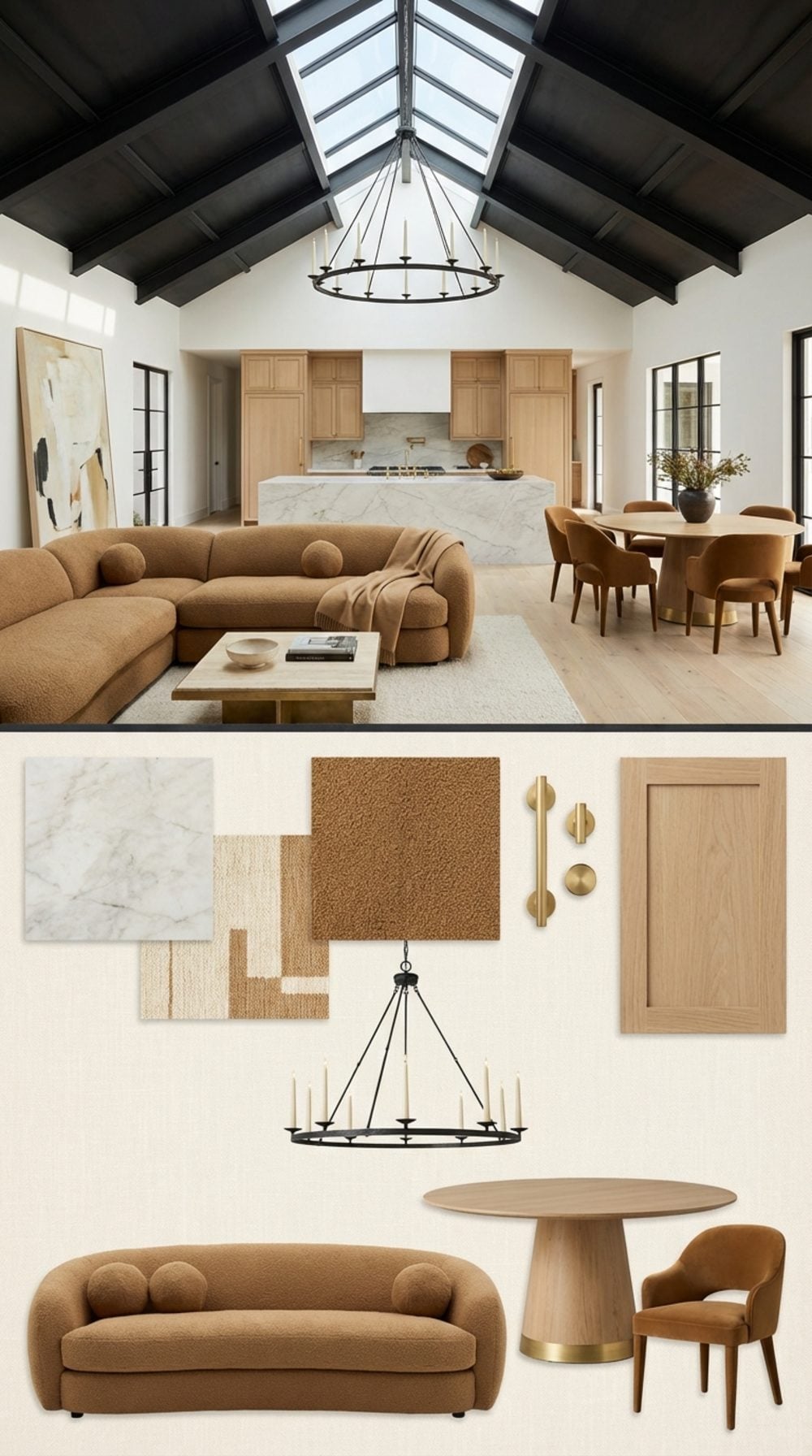 Contemporary Grand Manor with Black Steel Vault Skylight and Twelve-Foot Camel Bouclé Cloud Sofa