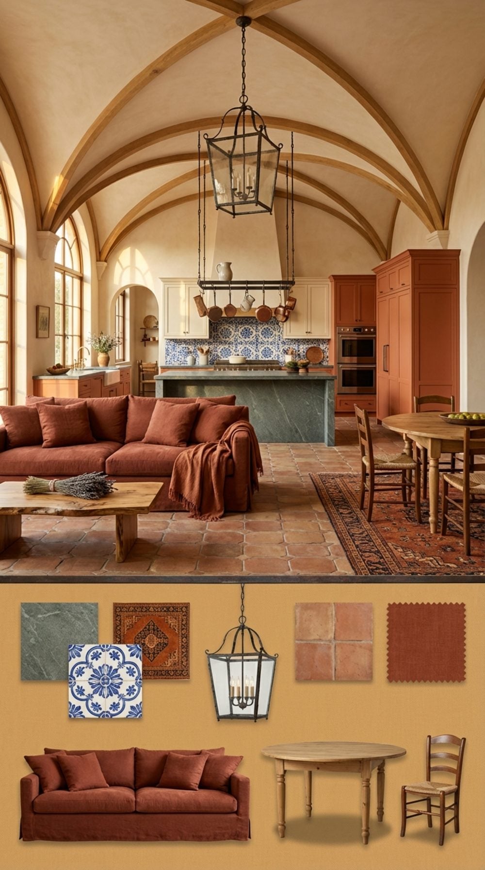 Tuscan Villa Grand Vault with Terracotta Floors and Hand-Painted Majolica Tile Backsplash