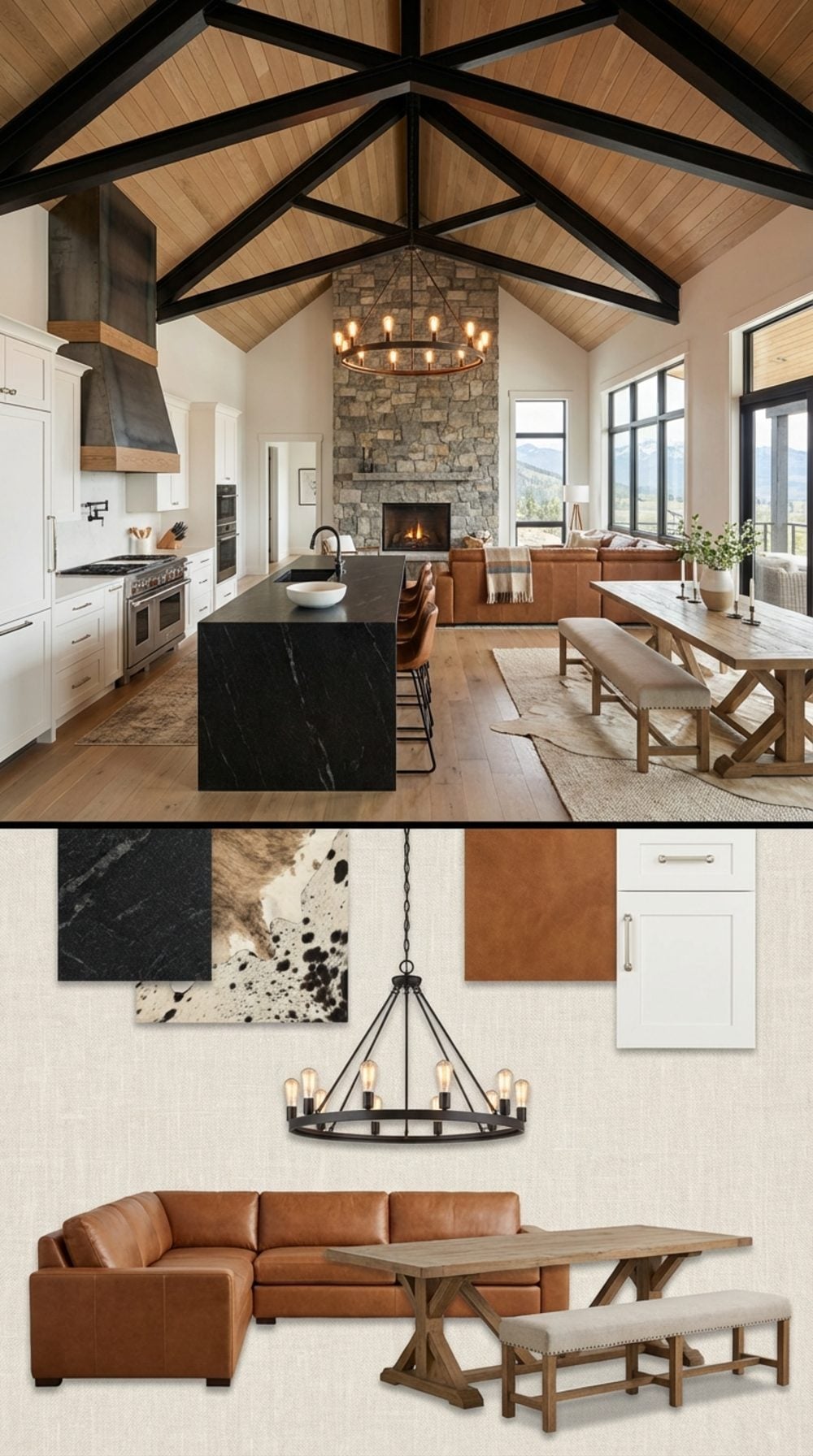 Modern Ranch Grand Vault with Blackened Steel Trusses and Saddle Tan Leather U-Shaped Sectional