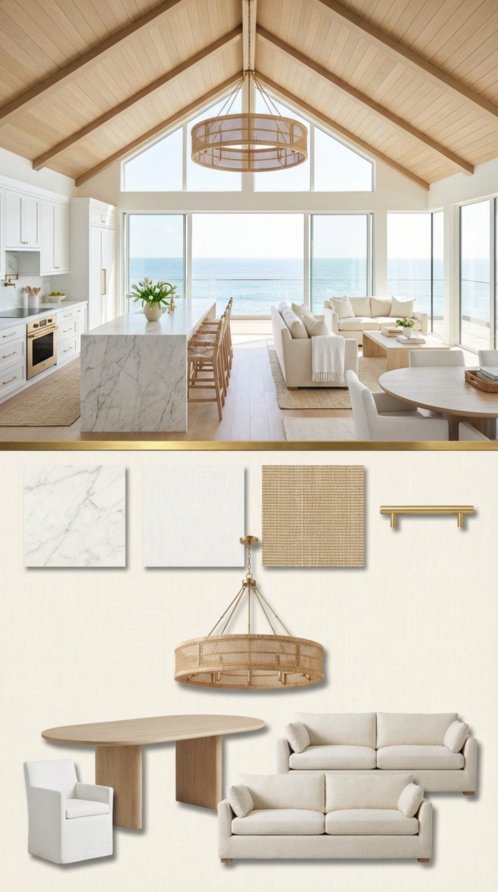 Coastal Grand Luxury with Tongue-and-Groove White Oak Vault and Rattan Brass Chandelier