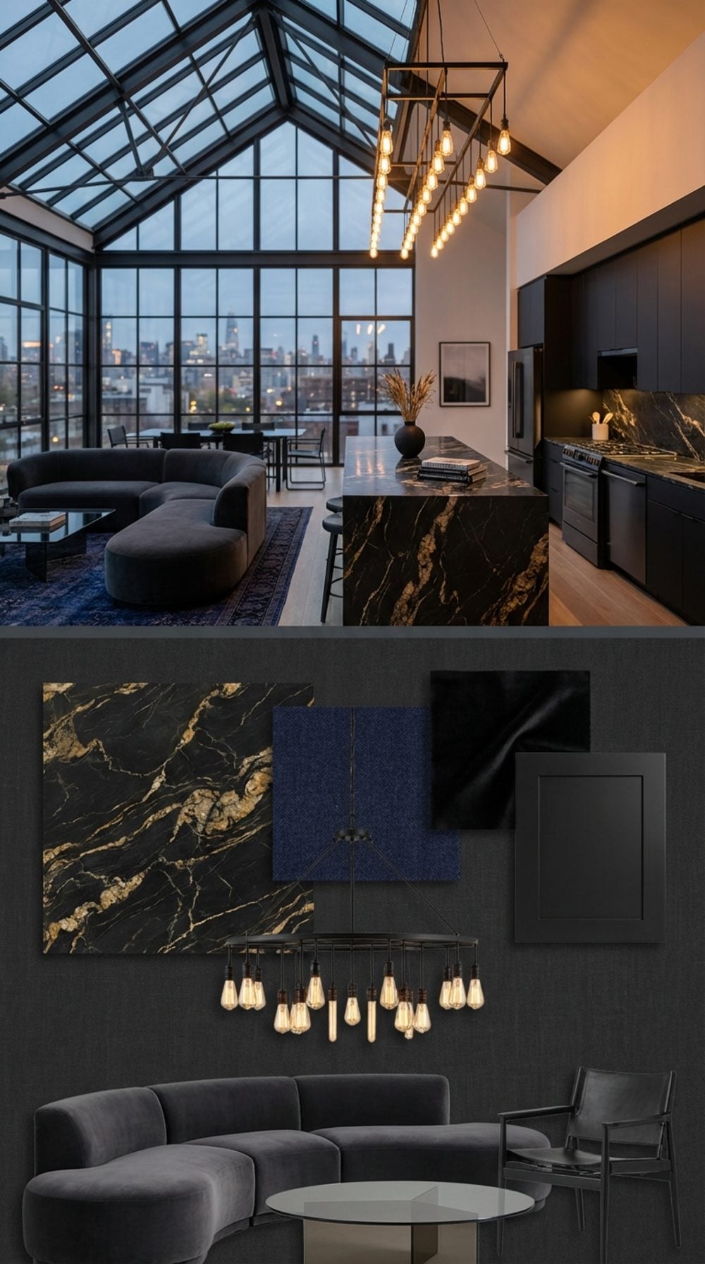 Dark Industrial Vault with Nero Portoro Marble and Deep Indigo Persian Rug