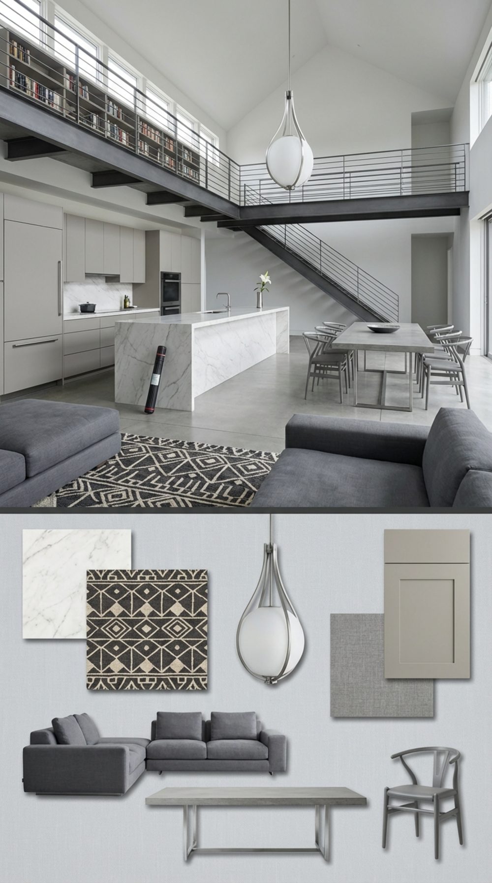 Architectural Modernist Vault with Steel Mezzanine and Twelve-Foot Statuario Marble Island