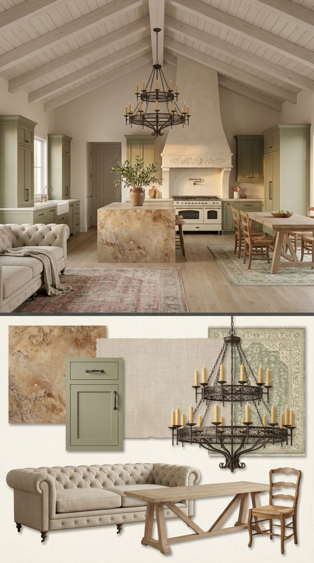 Warm French Provincial Grand Room with Sage Green Cabinets and Wrought Iron Chandelier