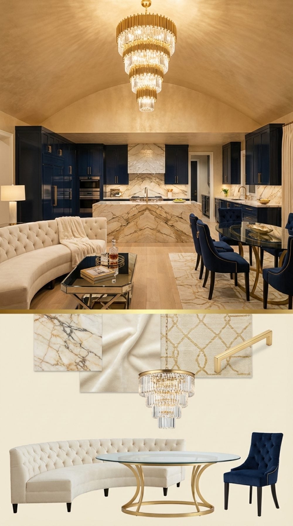 Old Hollywood Glamour Vault with Crystal and Gold Chandelier and Golden Spider Marble