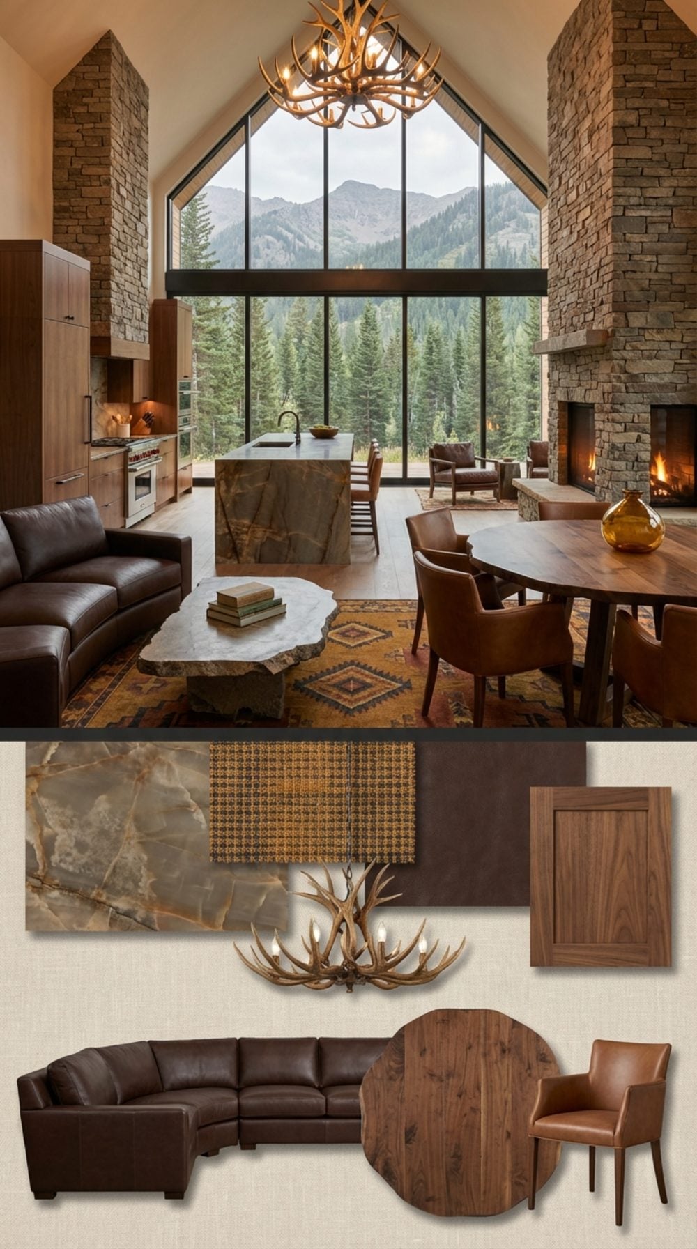 Mountain Modern A-Frame Grand Room with Stone Fireplace and Antler Iron Chandelier