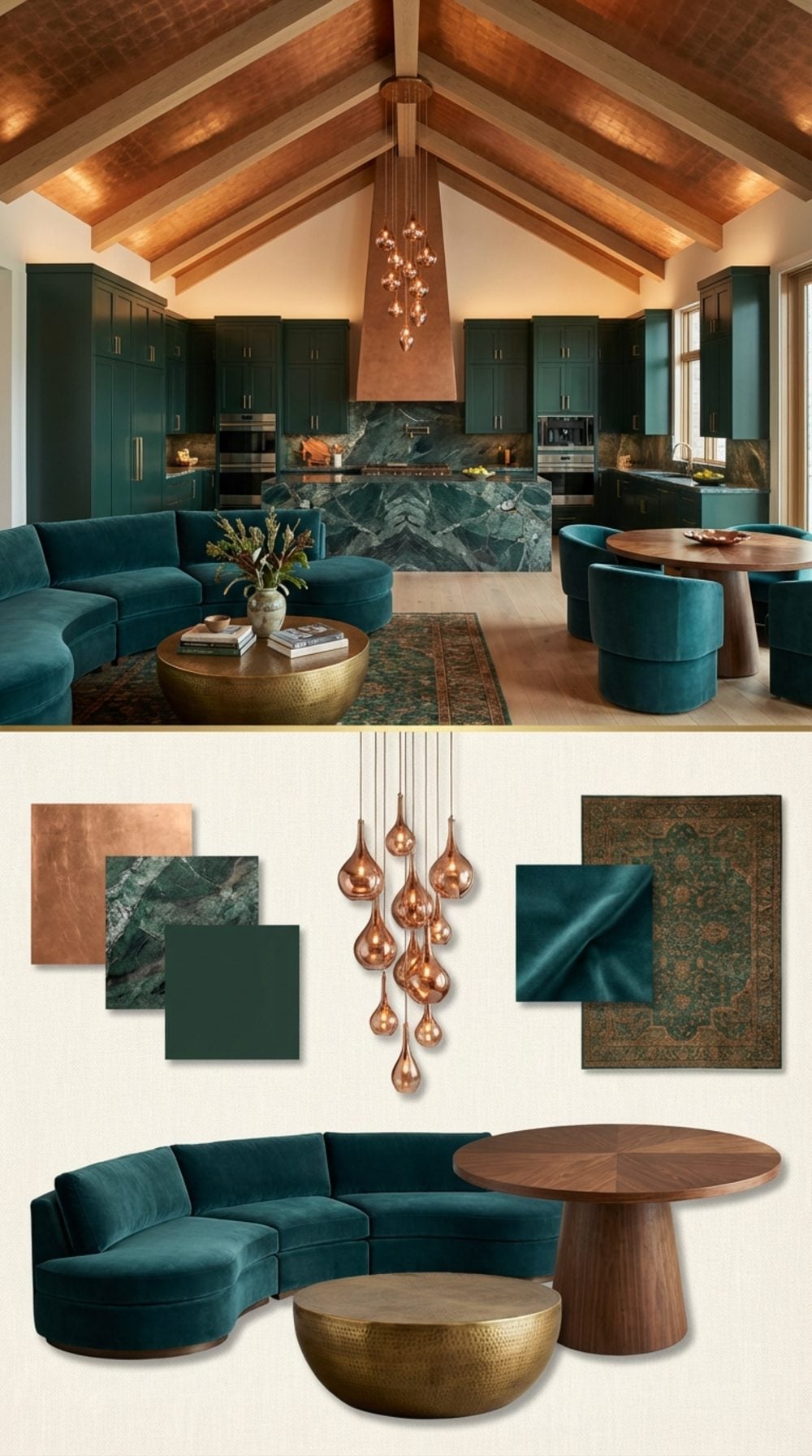 Burnished Copper Vault with Forest Green Kitchen and Teal Velvet Living