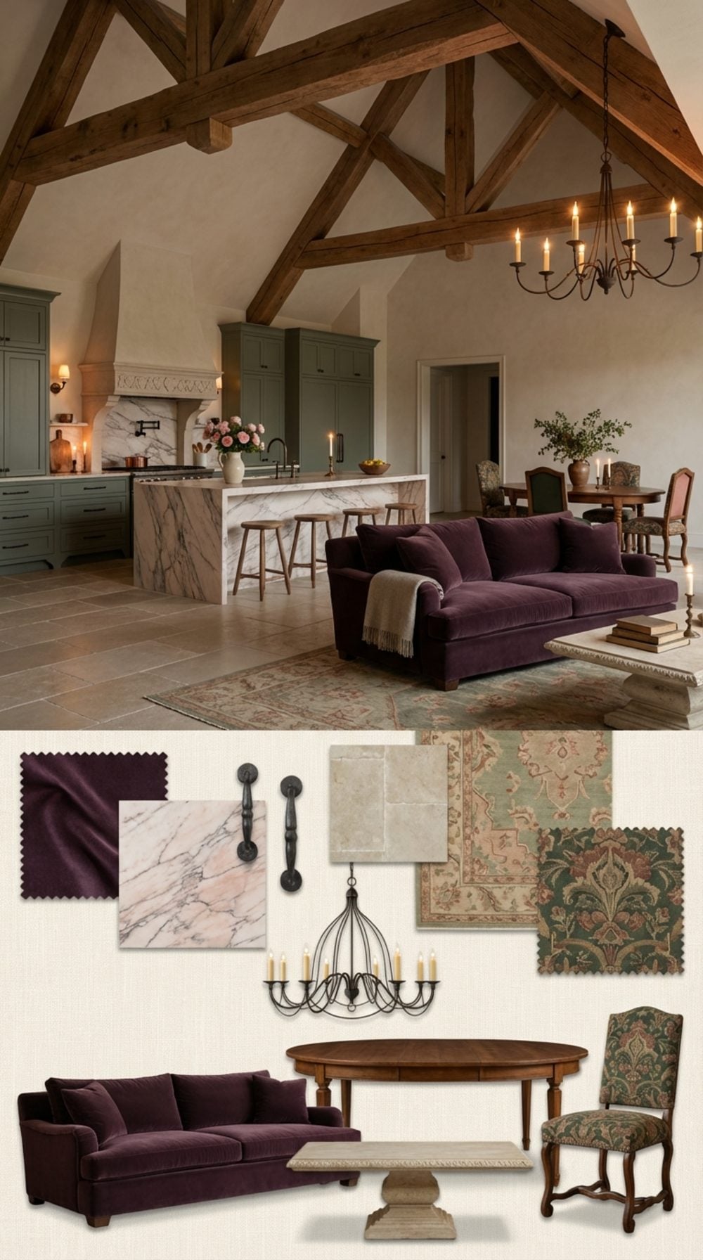 French Château Great Room with 18th-Century Normandy Oak Trusses and Aubusson Rug