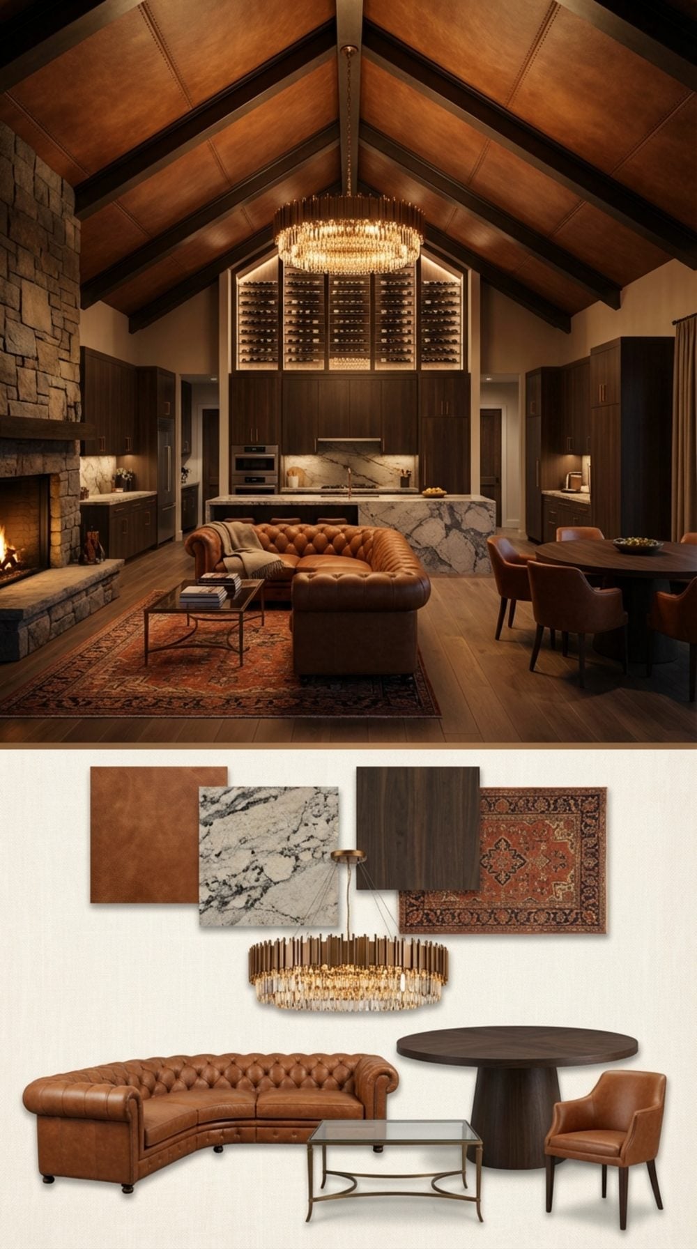 Aged Cognac Leather Vault with Espresso Walnut Kitchen and Heriz Persian Living