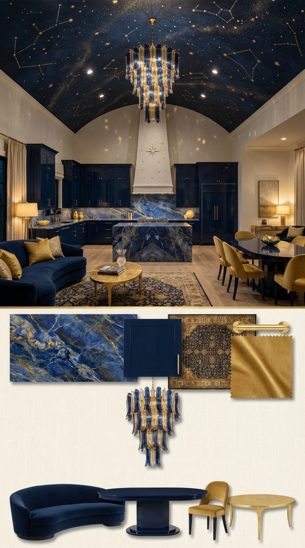 Hand-Painted Celestial Vault with Midnight Blue Kitchen and Gold Murano Chandelier