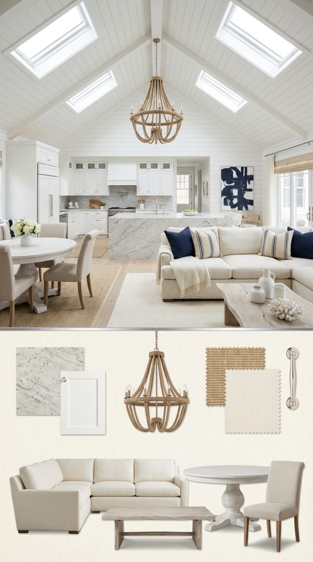 White Shiplap Dormer Vault with Bianco Antico Kitchen and Coastal Rope Chandelier