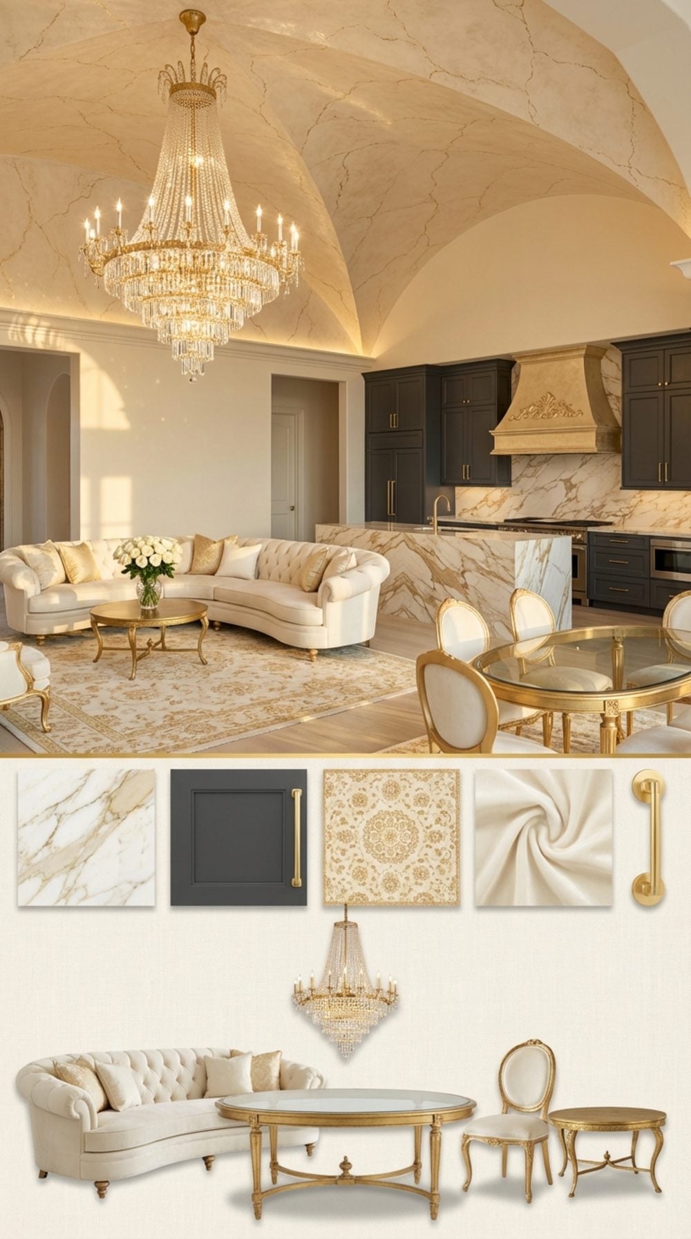 Venetian Stucco Vault with Calacatta Oro Kitchen and Savonnerie Rug Contemporary Versailles