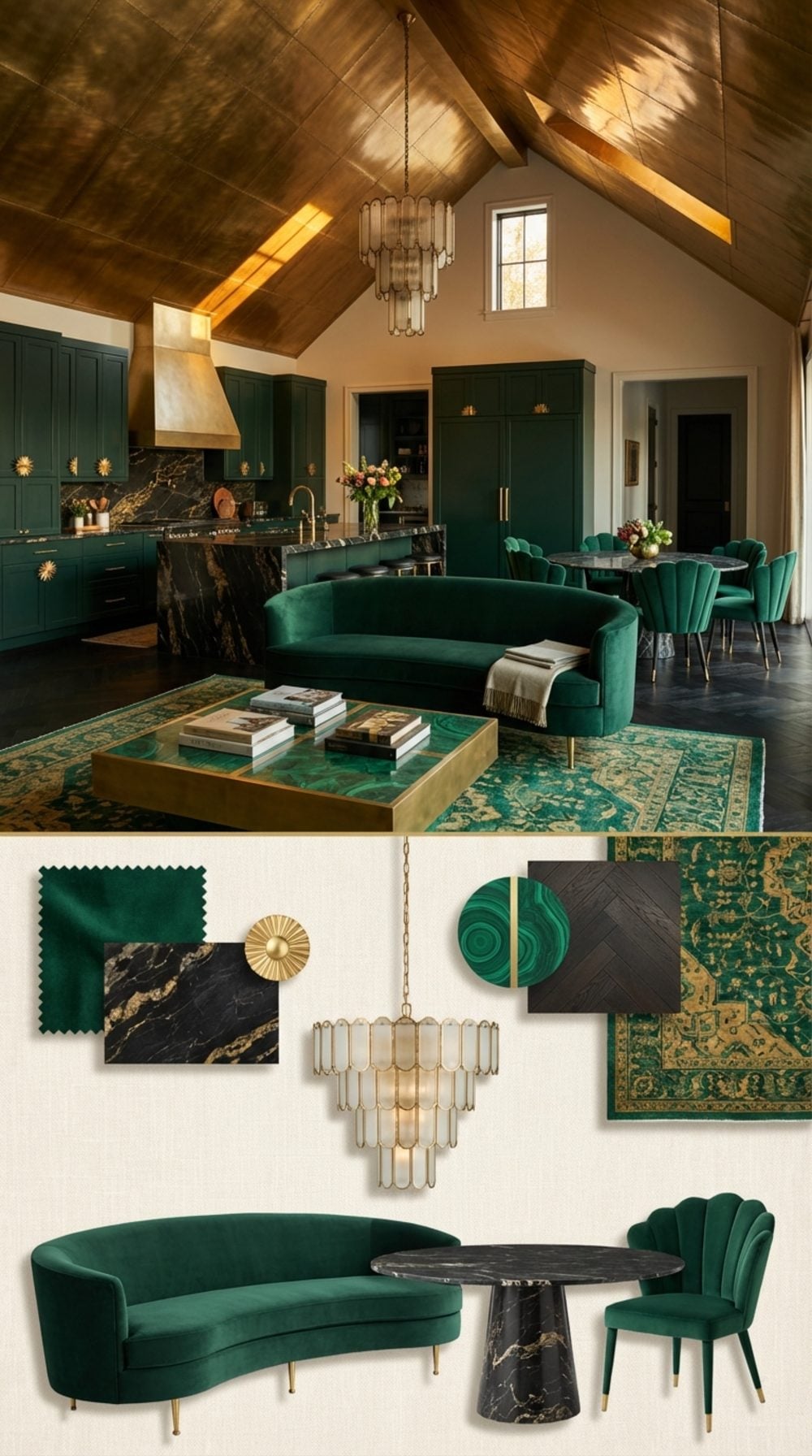 Art Deco Revival Great Room with Burnished Brass Vault and Portoro Marble Island