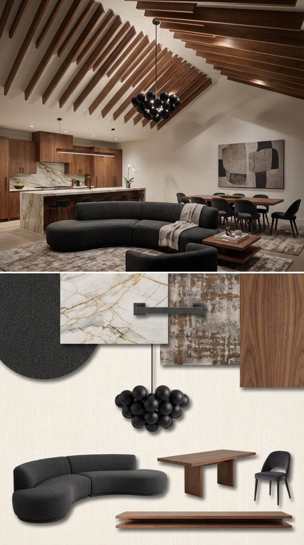 Concert Hall-Inspired Great Room with Floating Walnut Acoustic Baffles and Fusion Quartzite Island