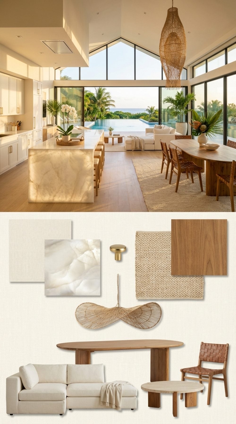 Tropical Resort Villa Great Room with Glass Curtain Wall and Backlit Onyx Kitchen Island