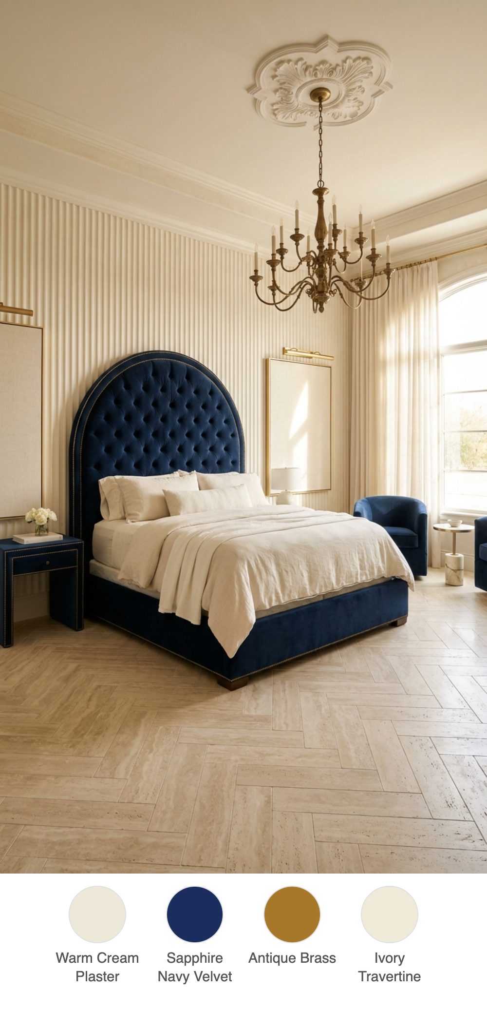 Cream Fluted Plaster Primary Bedroom with Antique Brass Chandelier and Navy Velvet Upholstered Headboard
