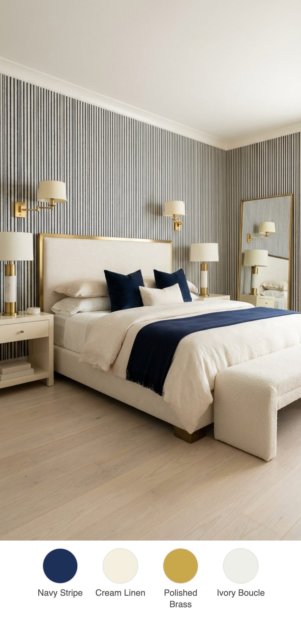 Moody Navy and Cream Striped Wallpaper Bedroom with Polished Brass Swing-Arm Sconces