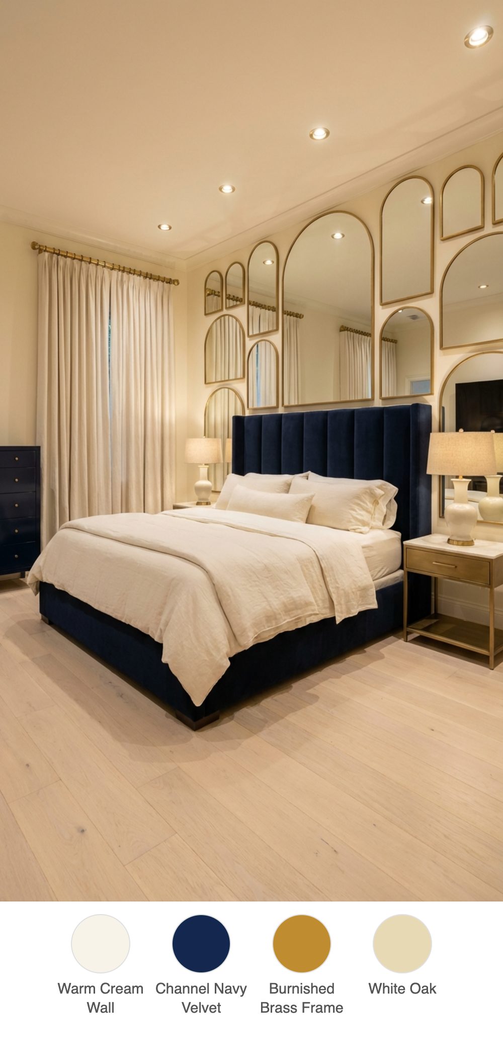 Brass-Framed Arched Mirror Gallery Wall in a Cream Primary Bedroom with Navy Channel-Tufted Bed