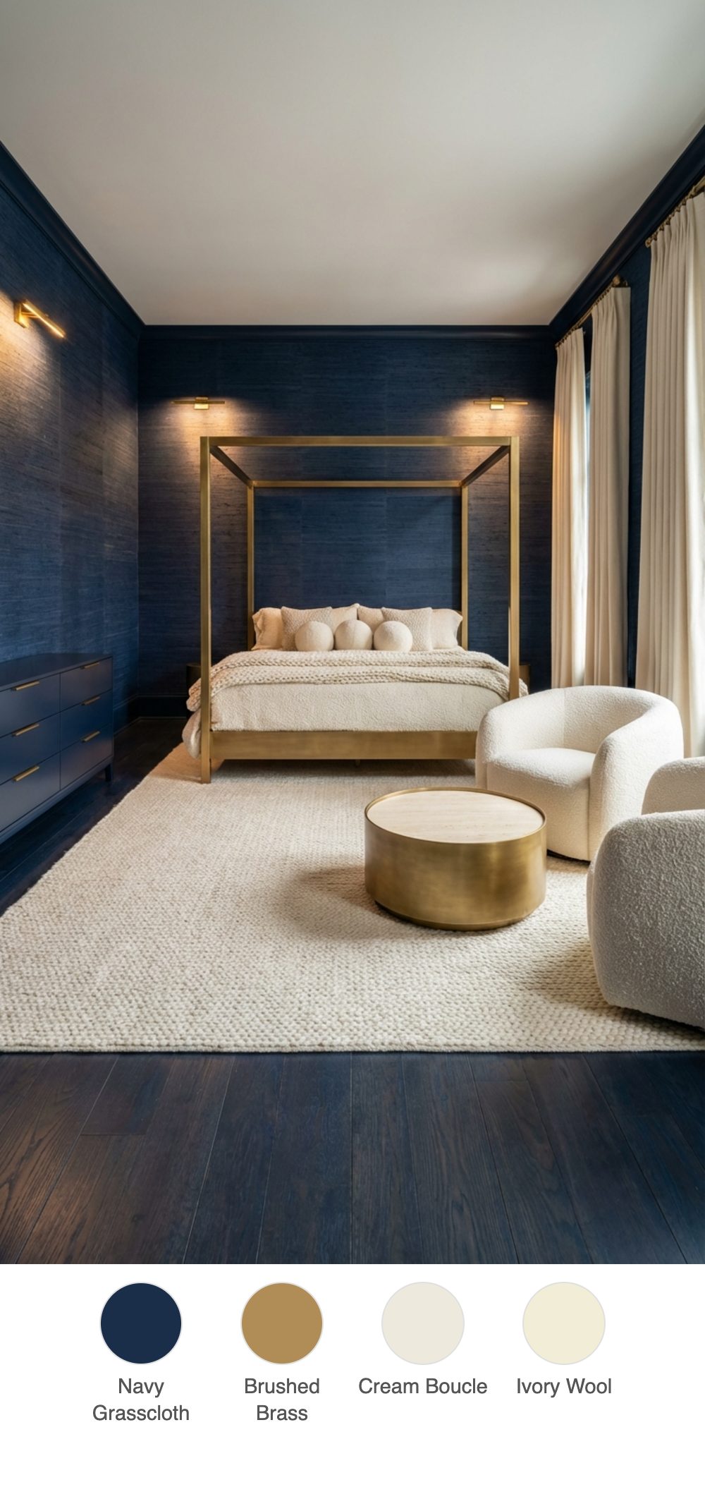 Navy Grasscloth Bedroom with Cream Boucle Seating Area and Brushed Brass Four-Poster Bed