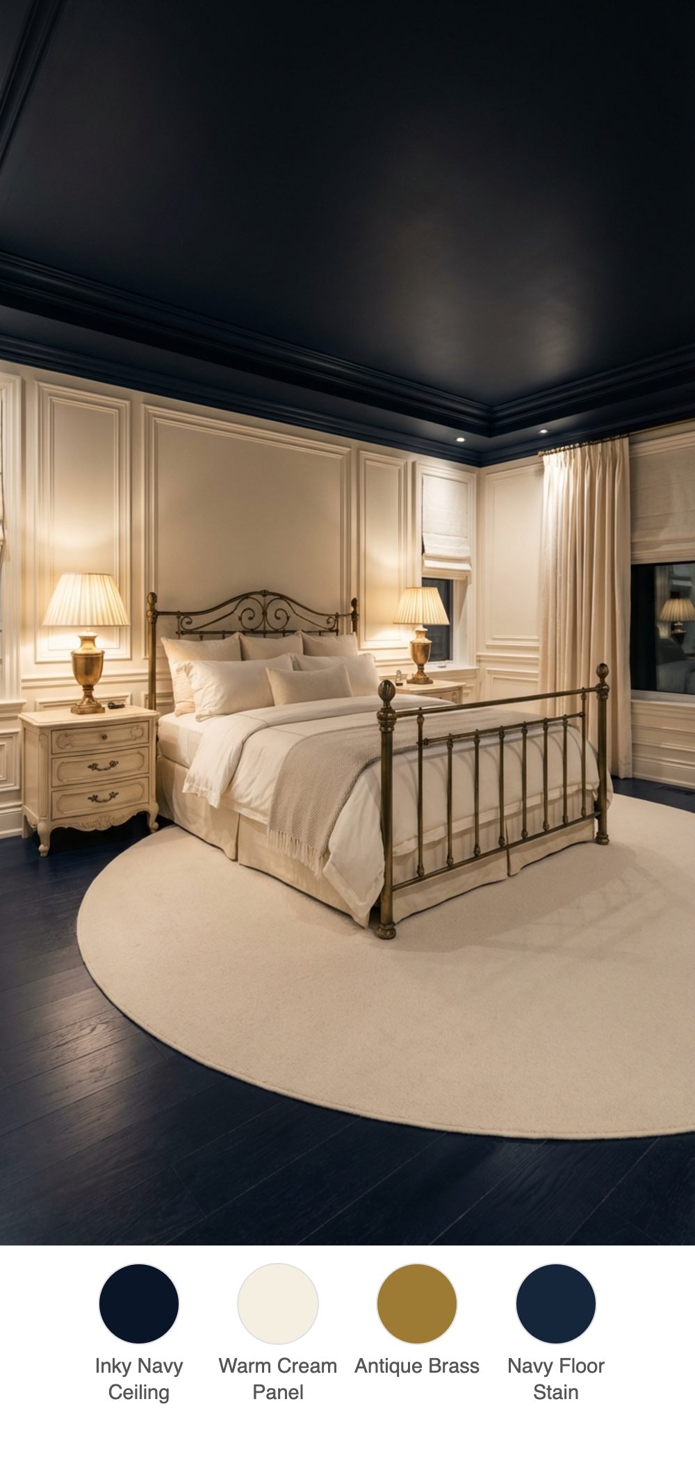 Cream Paneled Primary Bedroom with Inky Navy Ceiling and Antique Brass Bed Frame