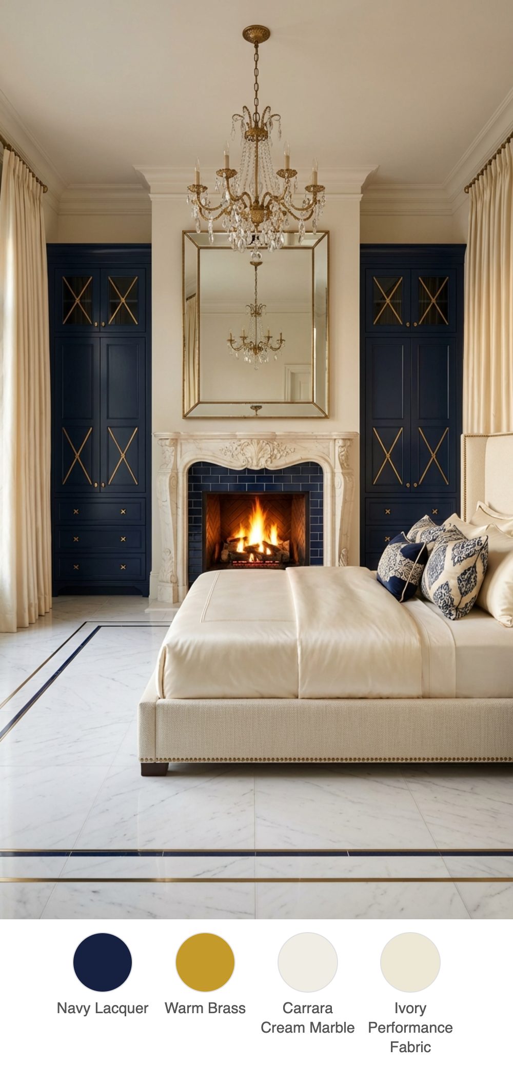 Hollywood Regency-Edged Navy and Brass Primary Bedroom with Cream Marble Fireplace Surround