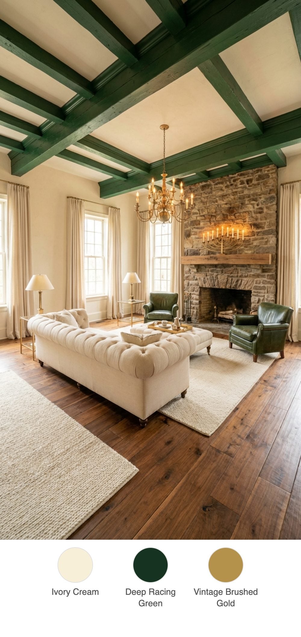 Grand Rustic Manor Living Room with Cream Chesterfield, Green Club Chairs and Walnut Plank Floors