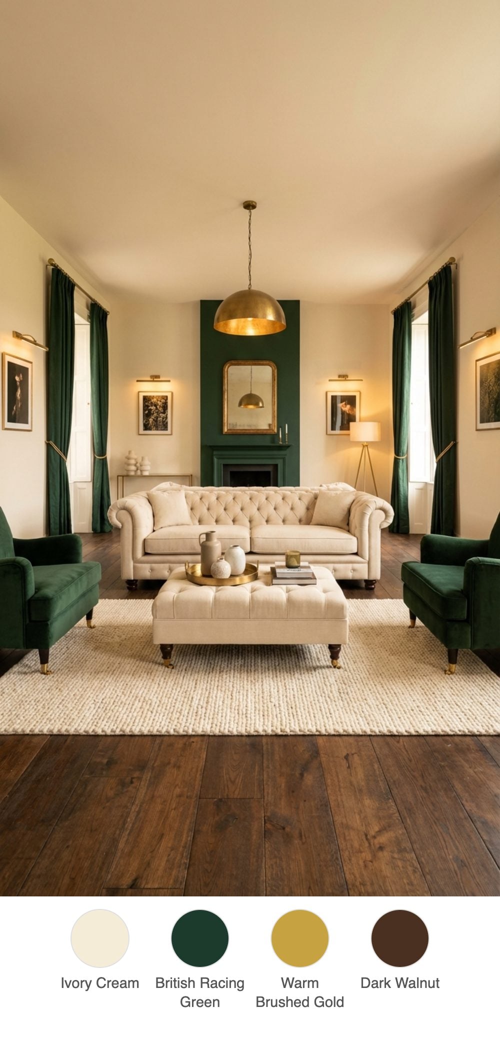 Rustic-Glam Living Room with Cream Deep-Buttoned Chesterfield and British Racing Green Velvet Armchairs