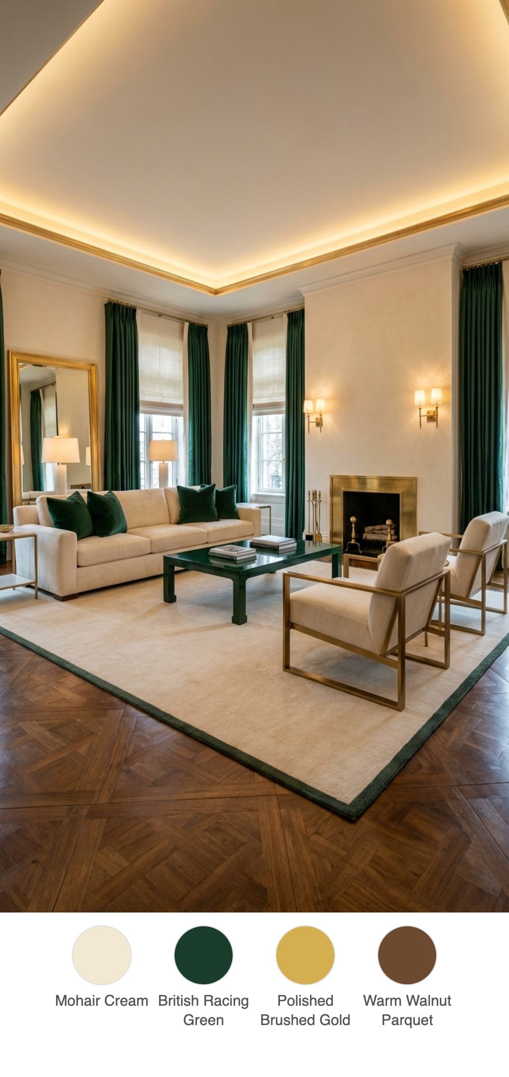 Transitional Estate Living Room with Cream Mohair Sofa and Brushed Gold Floor Mirror