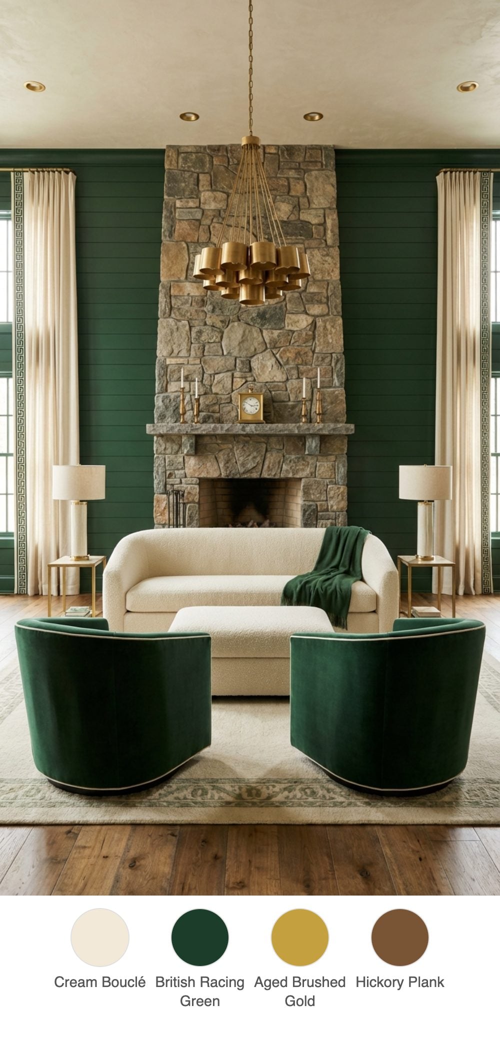 Lodge-Style Living Room with Cream Bouclé Sofa and British Racing Green Painted Shiplap Fireplace Wall