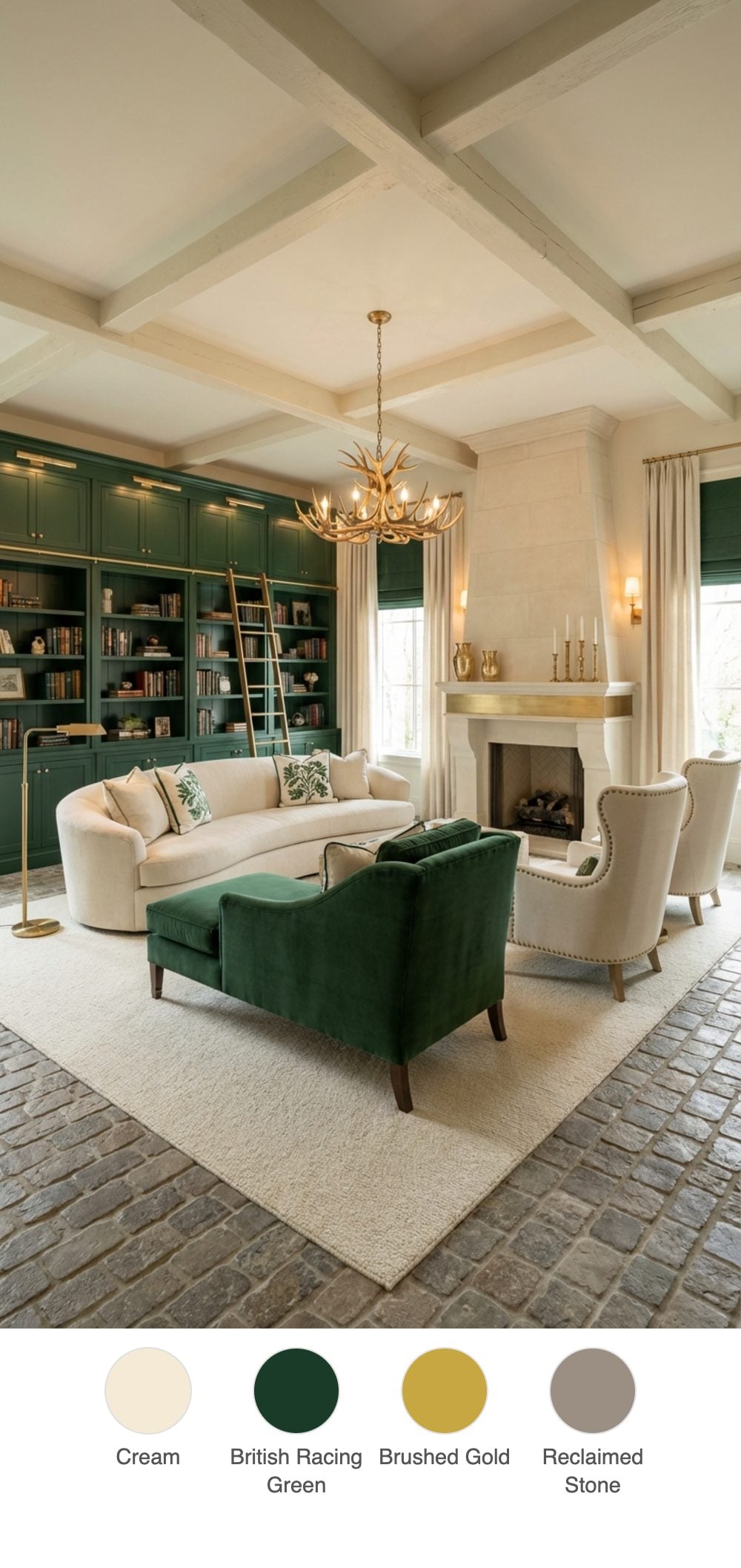 Grand Rustic Transitional Living Room with British Racing Green Built-Ins and Cream Curved Sofa