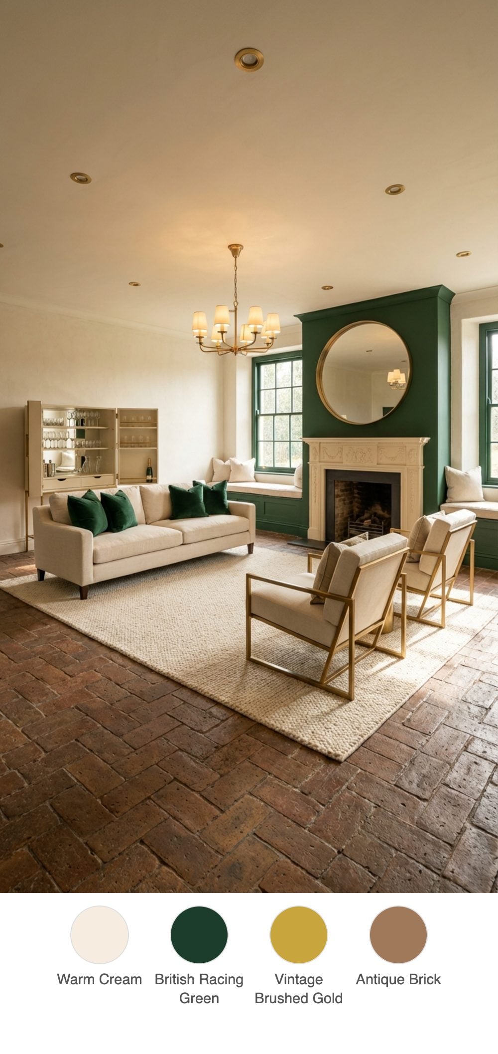 Rustic-Chic Living Room with Worn Brick Floors, a Brushed Gold Bar Cabinet, and Cream Upholstered Window Seats