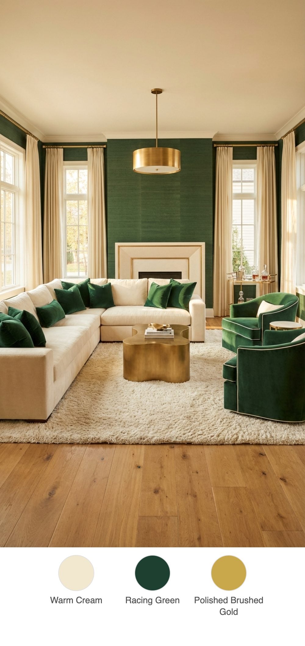 Transitional Living Room with Cream Mohair Sectional, Green Grasscloth Feature Wall and Gold Bar Cart