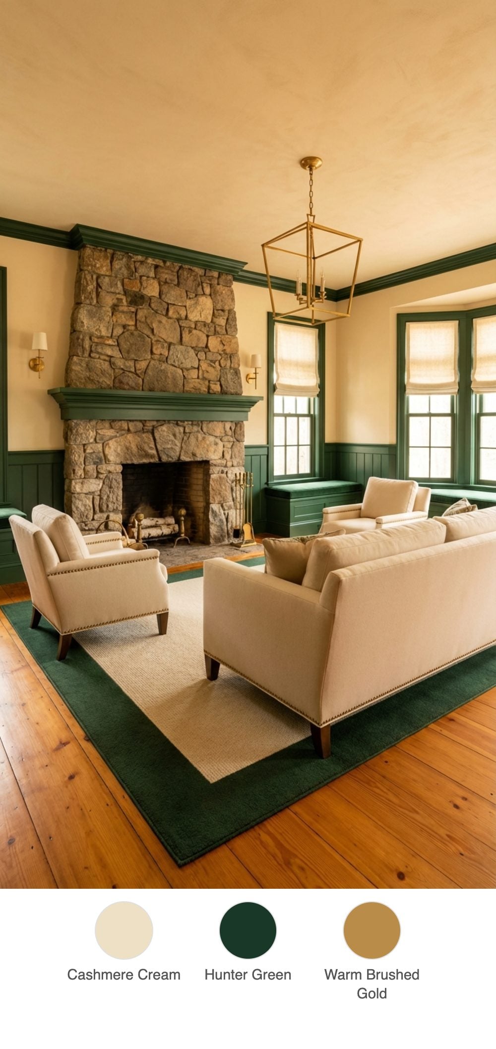Hunting Lodge Living Room with Cream Cashmere Sofas, Green Wainscoting and a Stone Fireplace