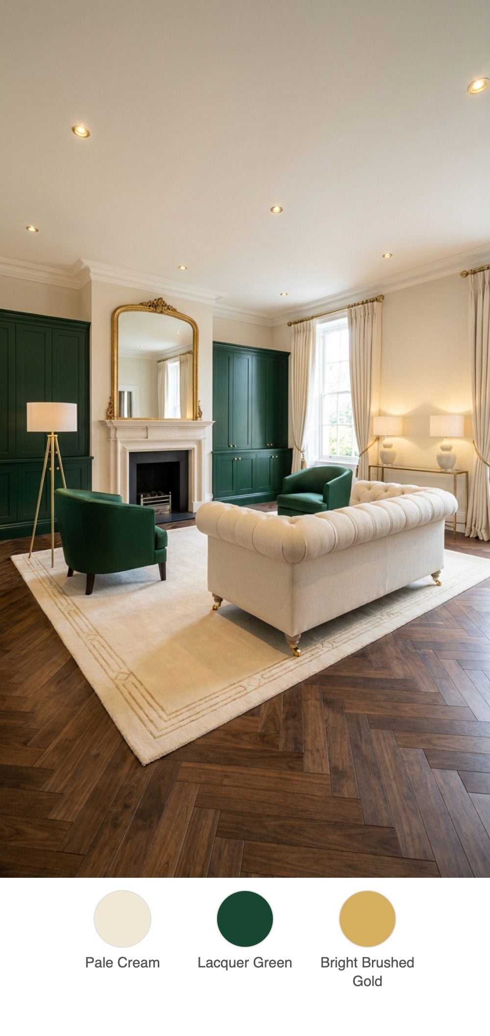 Opulent Estate Living Room with Green Lacquered Cabinets, Cream Marble Fireplace and Parquet Floors