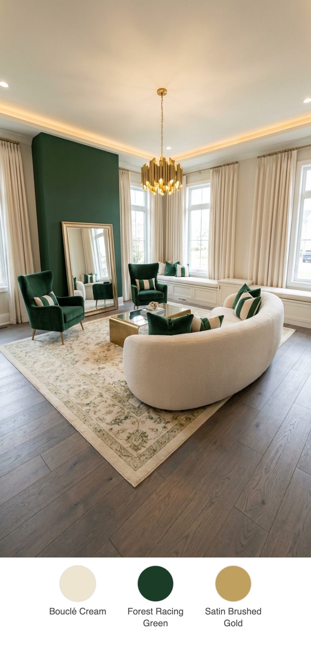 Rustic-Glam Living Room with Cream Bouclé Curved Sofa, Green Wingbacks and a Smoked Oak Floor