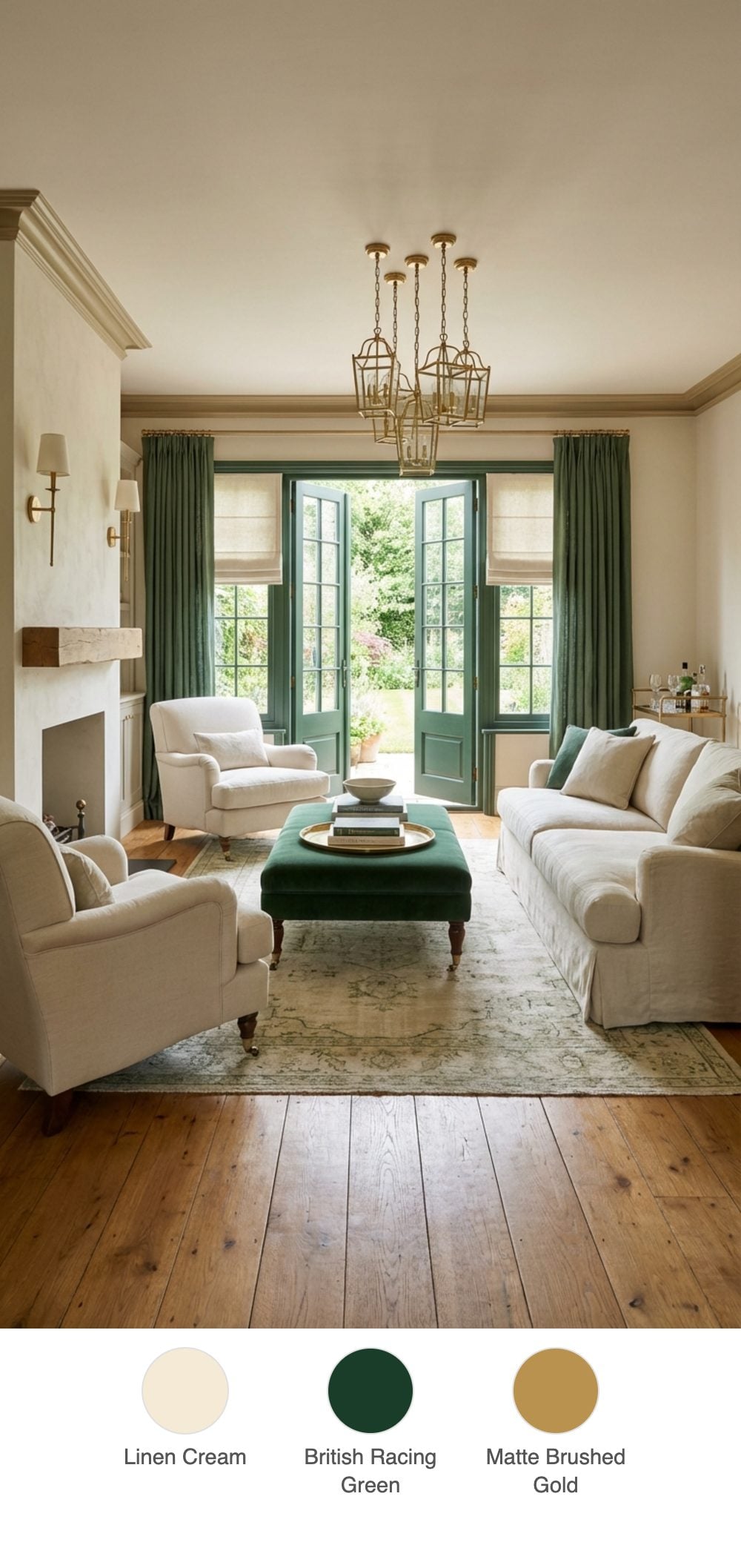 Country-Chic Living Room with Cream Slipcovers, Green Velvet Ottoman and Clustered Gold Pendants